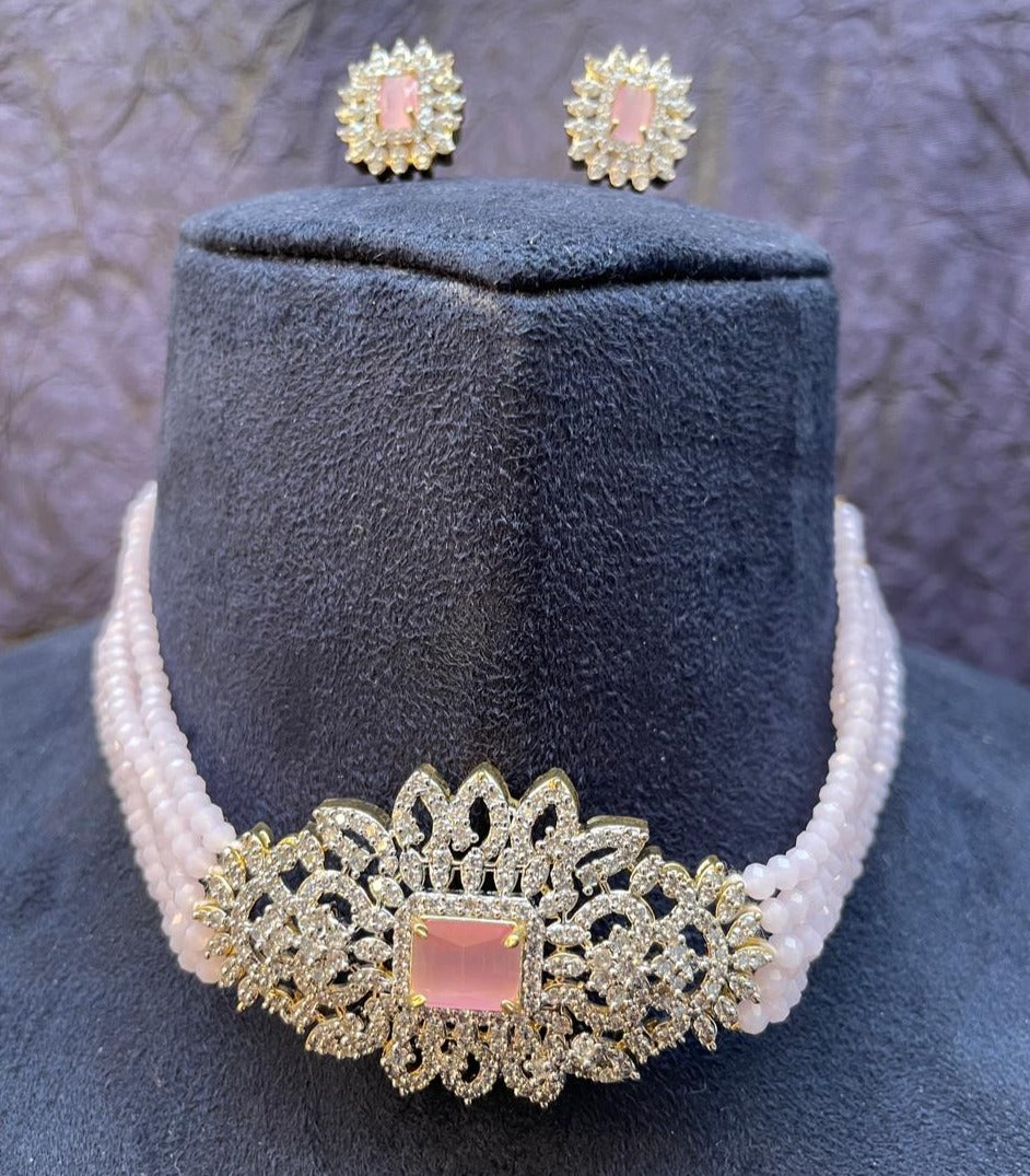 Baby Pink Classy American Diamonds Choker Necklace