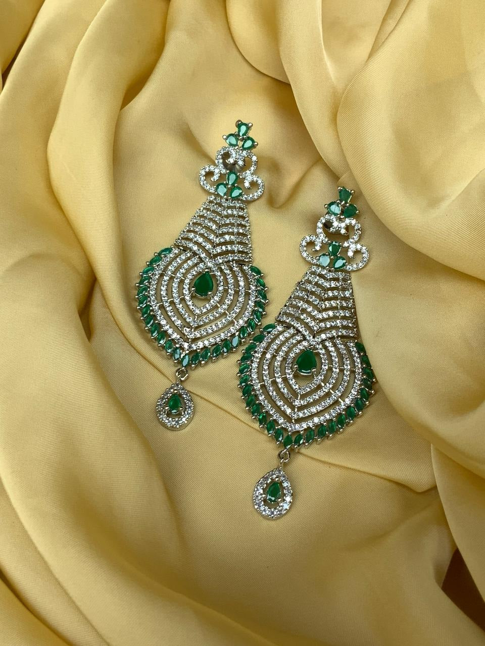 Sparkling Green & Silver American Diamond Earrings
