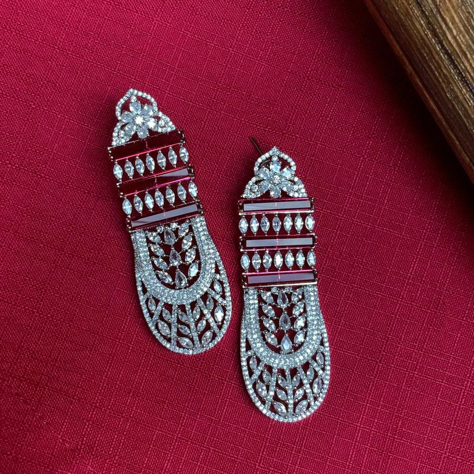 Gorgeous Red & Silver American Diamond Earrings