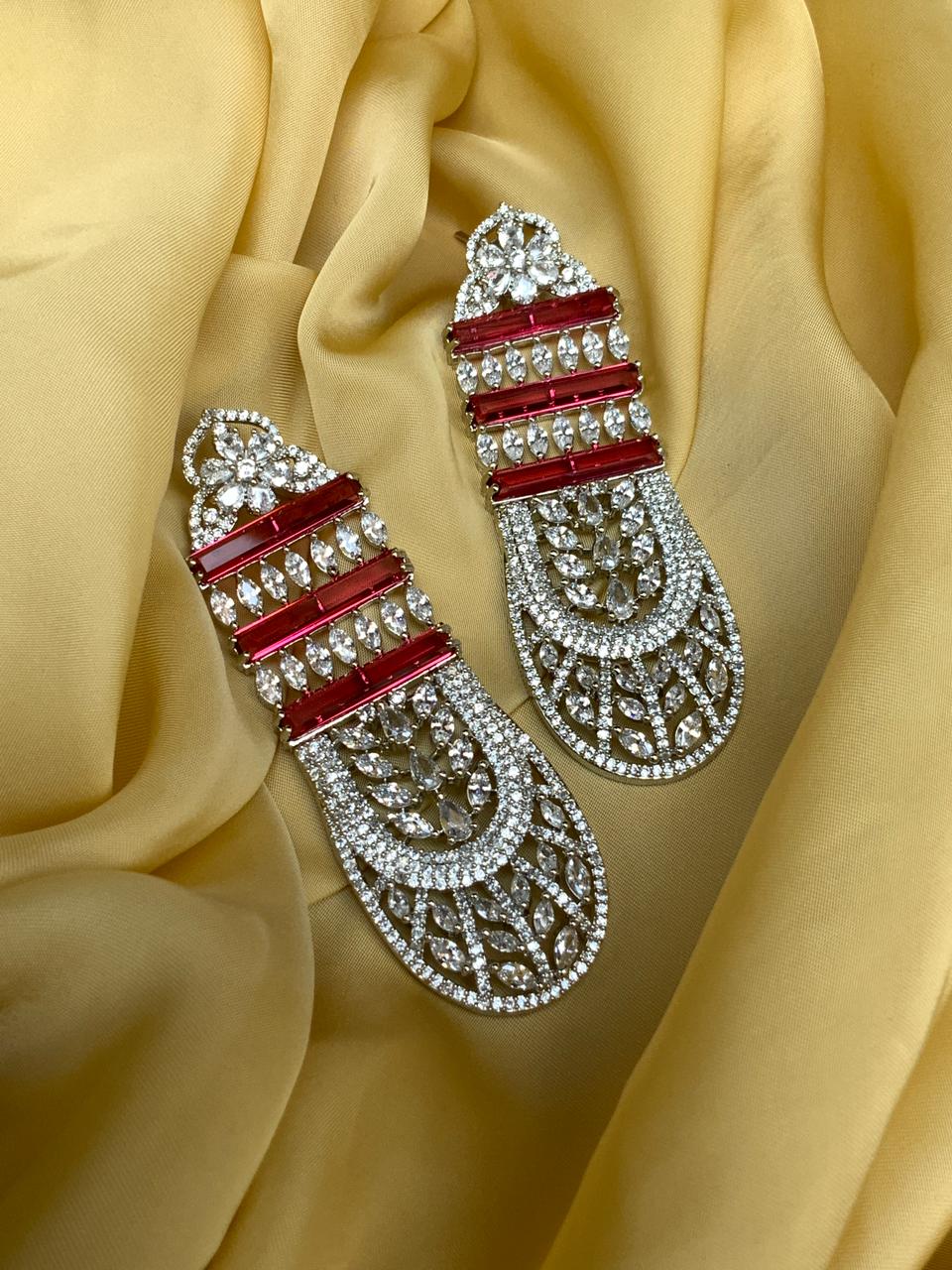 Gorgeous Red & Silver American Diamond Earrings