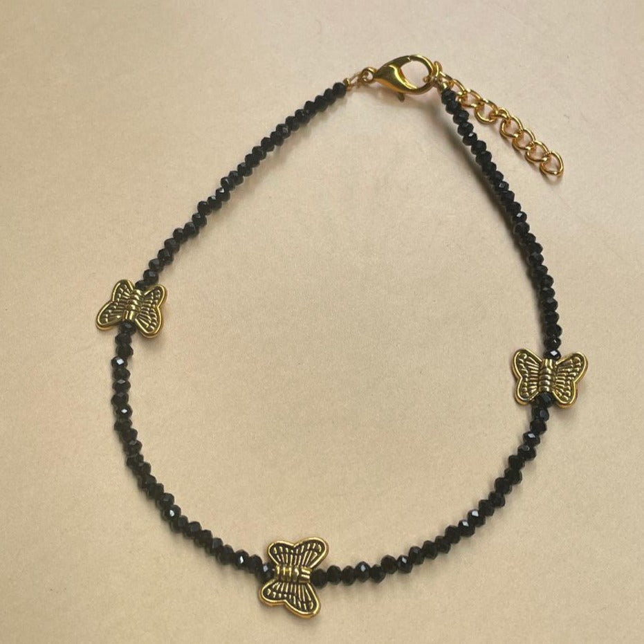 Butterfly Black Crystal Bead Anklet