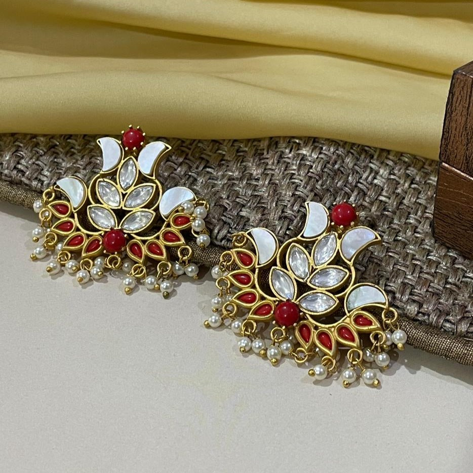 Red & White Lotus Desing Shape Kundan Pearl Drop Earrings