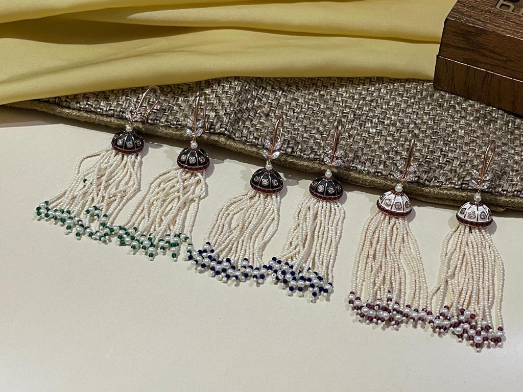 Solid Meenakari Hanging Pearl White  Drop Earrings