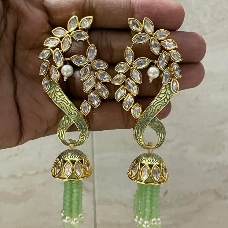 Traditional Meena Handwork Infinity Design Kundan Pearls Jhumka Earring