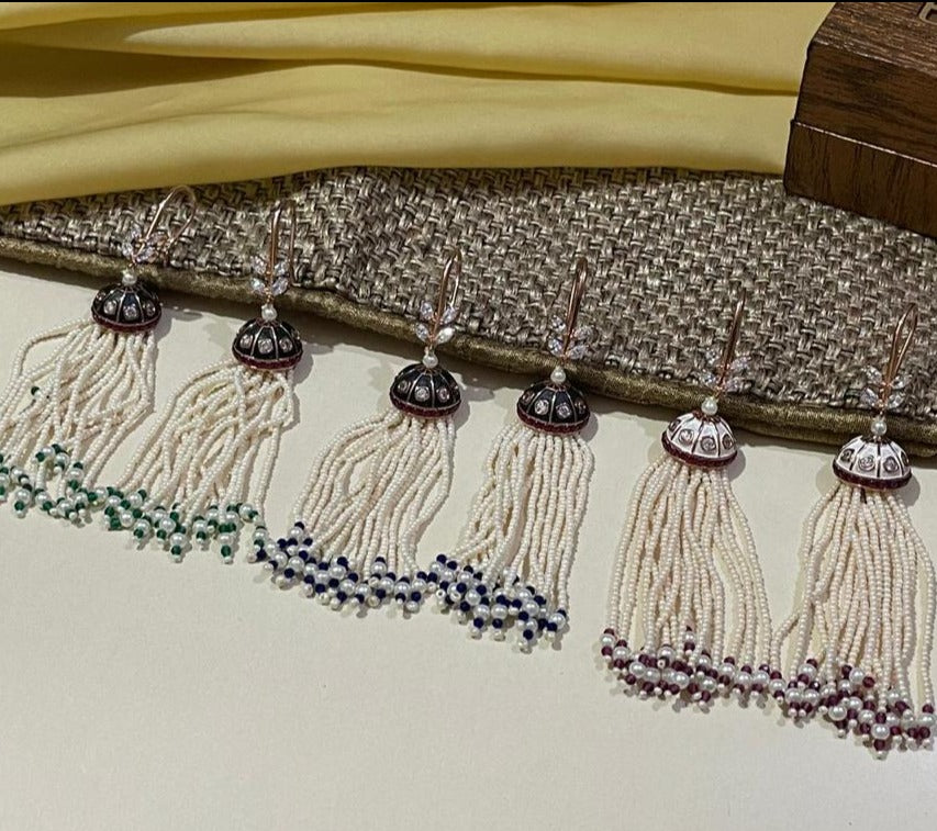 Solid Meenakari Hanging Pearl White  Drop Earrings