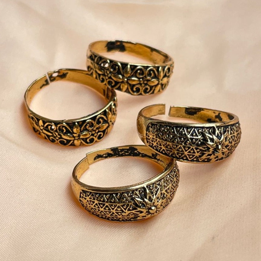 Floral Gold Oxidised Toe Rings Combo - Abdesignsjewellery