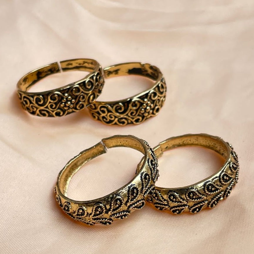 Floral Gold Oxidised Toe Rings Combo - Abdesignsjewellery