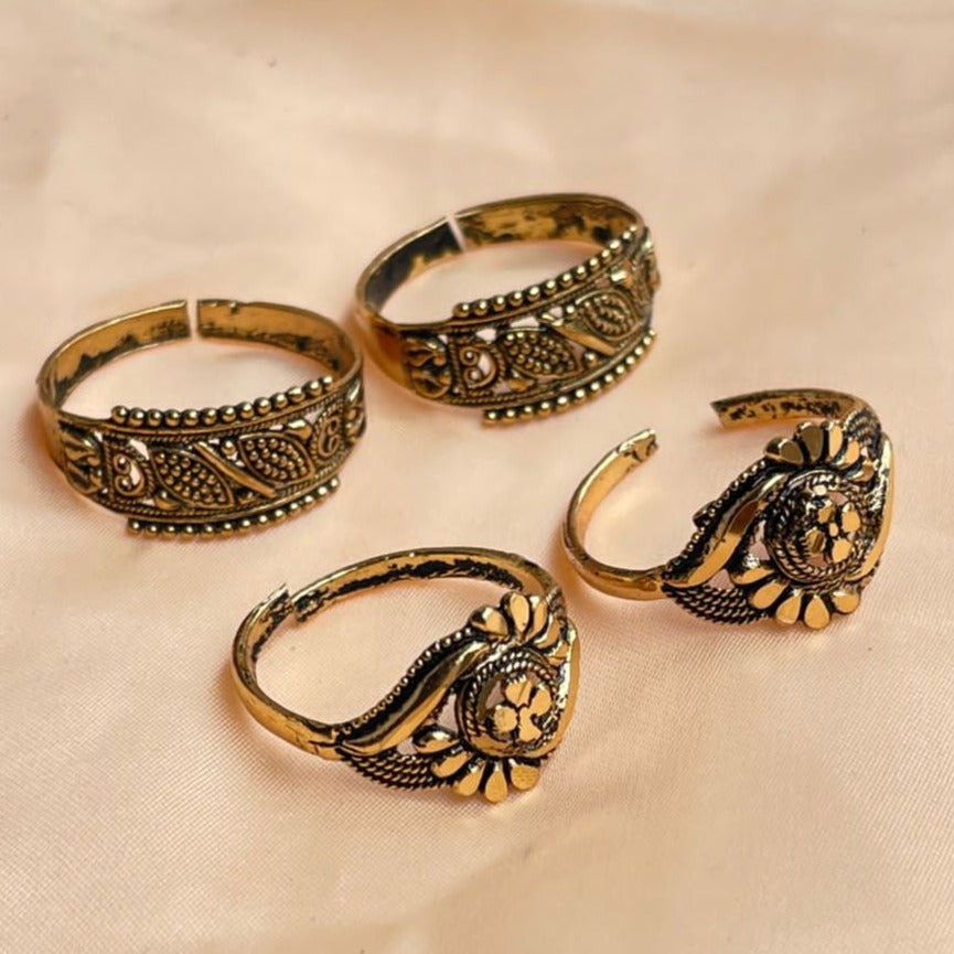 Flower Gold Oxidised Toe Rings Combo - Abdesignsjewellery
