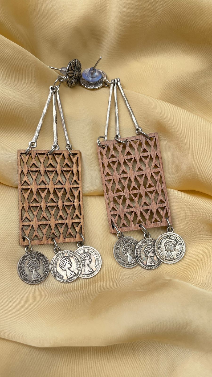 German Silver Coin Wooden Rectangle Earring - Abdesignsjewellery