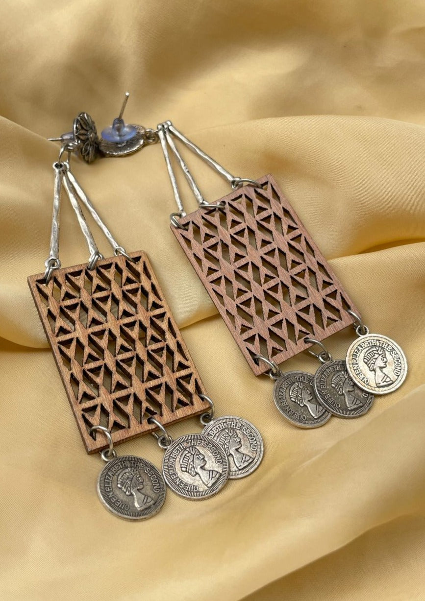 German Silver Coin Wooden Rectangle Earring