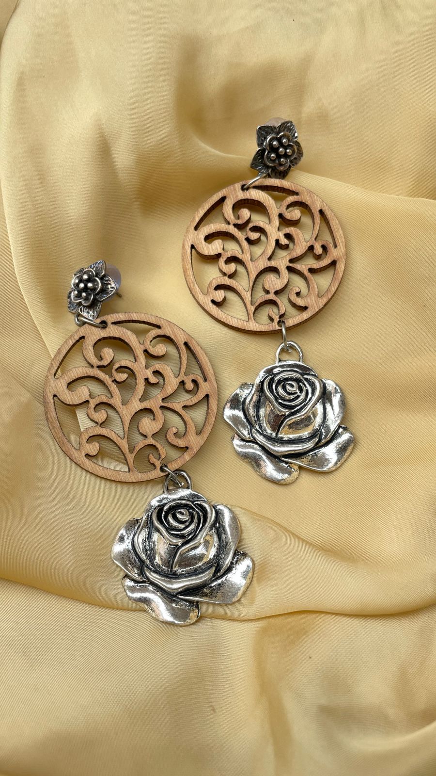 German Silver Wooden Rose Earring