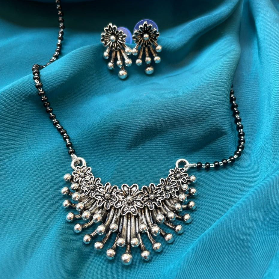 Fancy Floral Silver Oxidised Mangalsutra