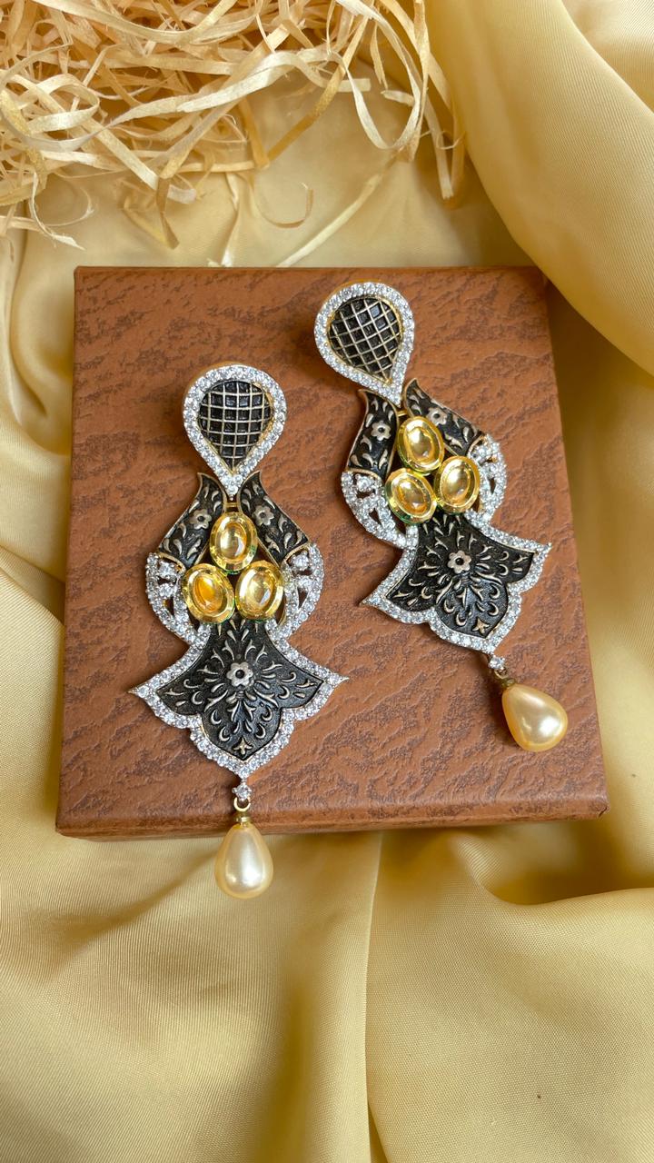 Black Handpainted American Diamond Earrings