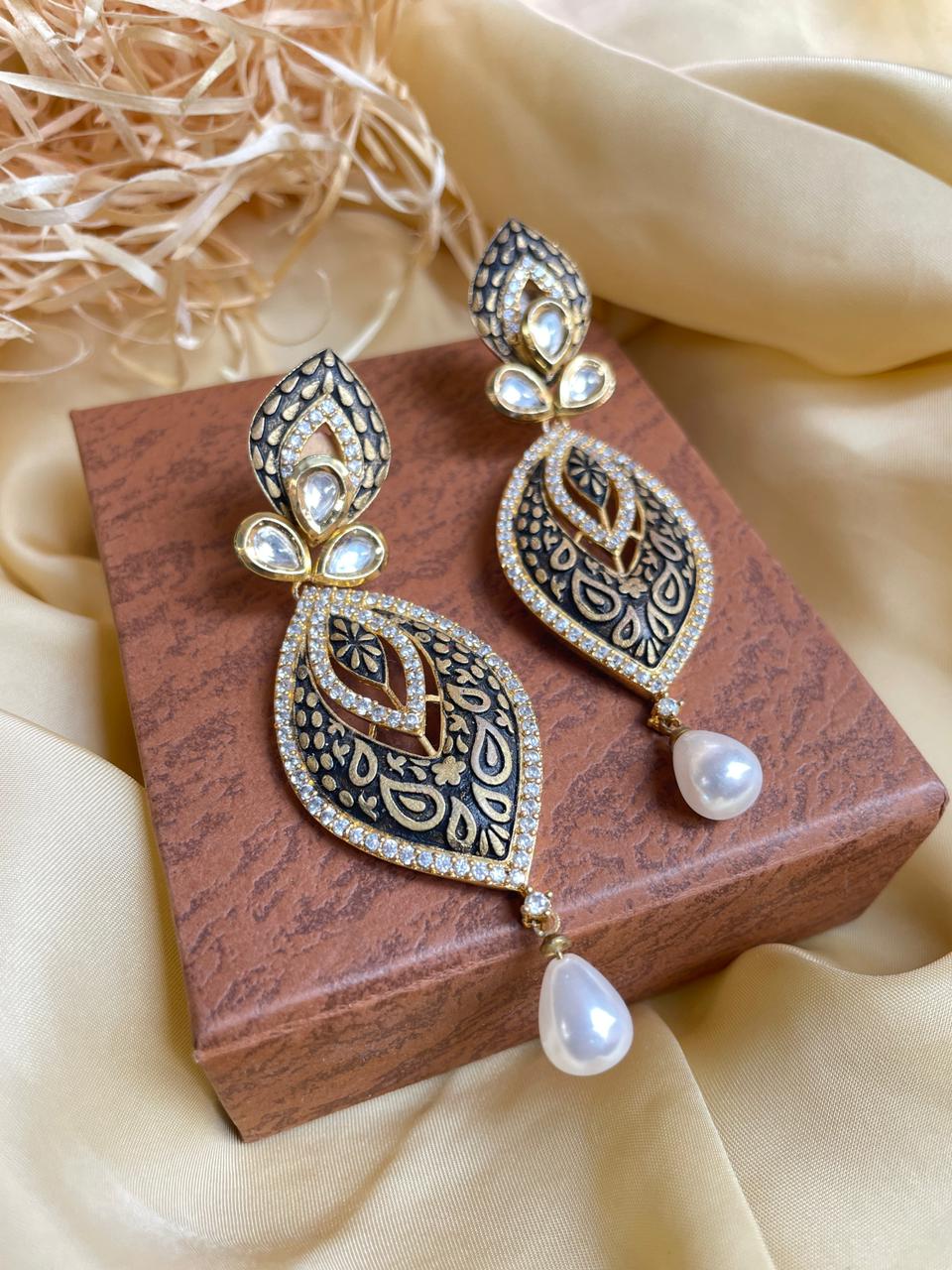 Aesthetic Black HandPainted AD Earring - Abdesignsjewellery