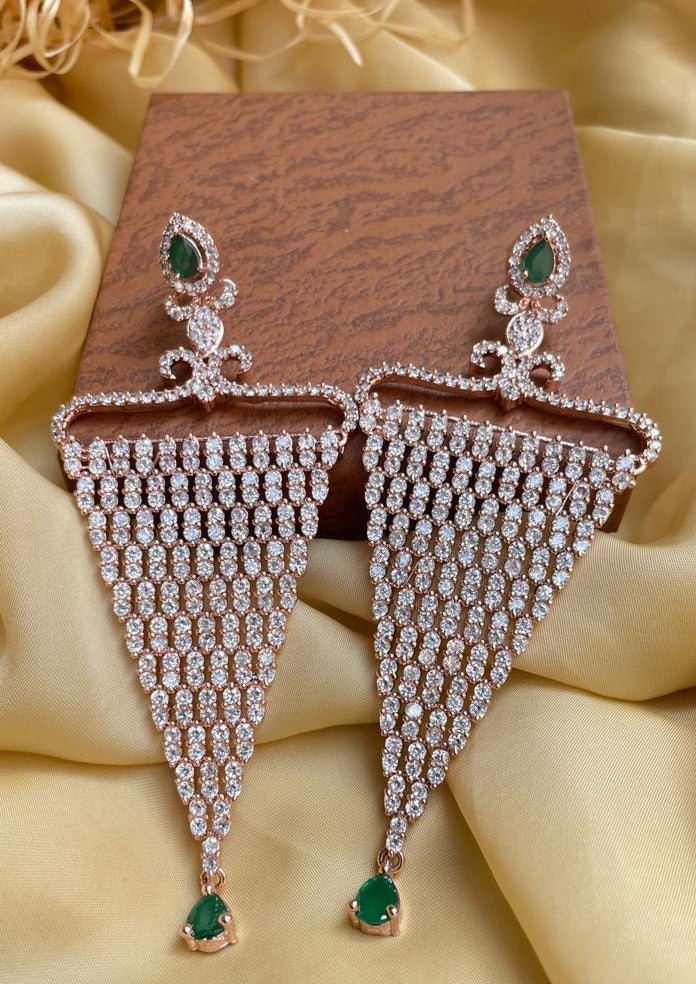 Rose gold and black finish long AD leaf design earrings – Odara Jewellery