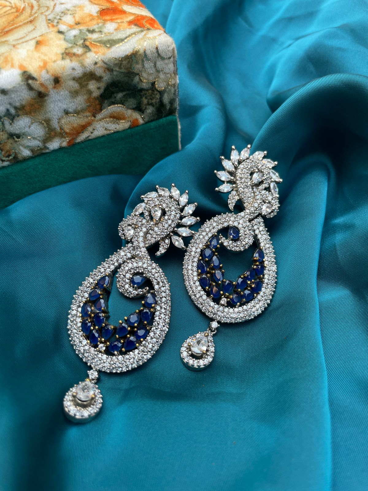 Round Blue & White American Diamond Earrings