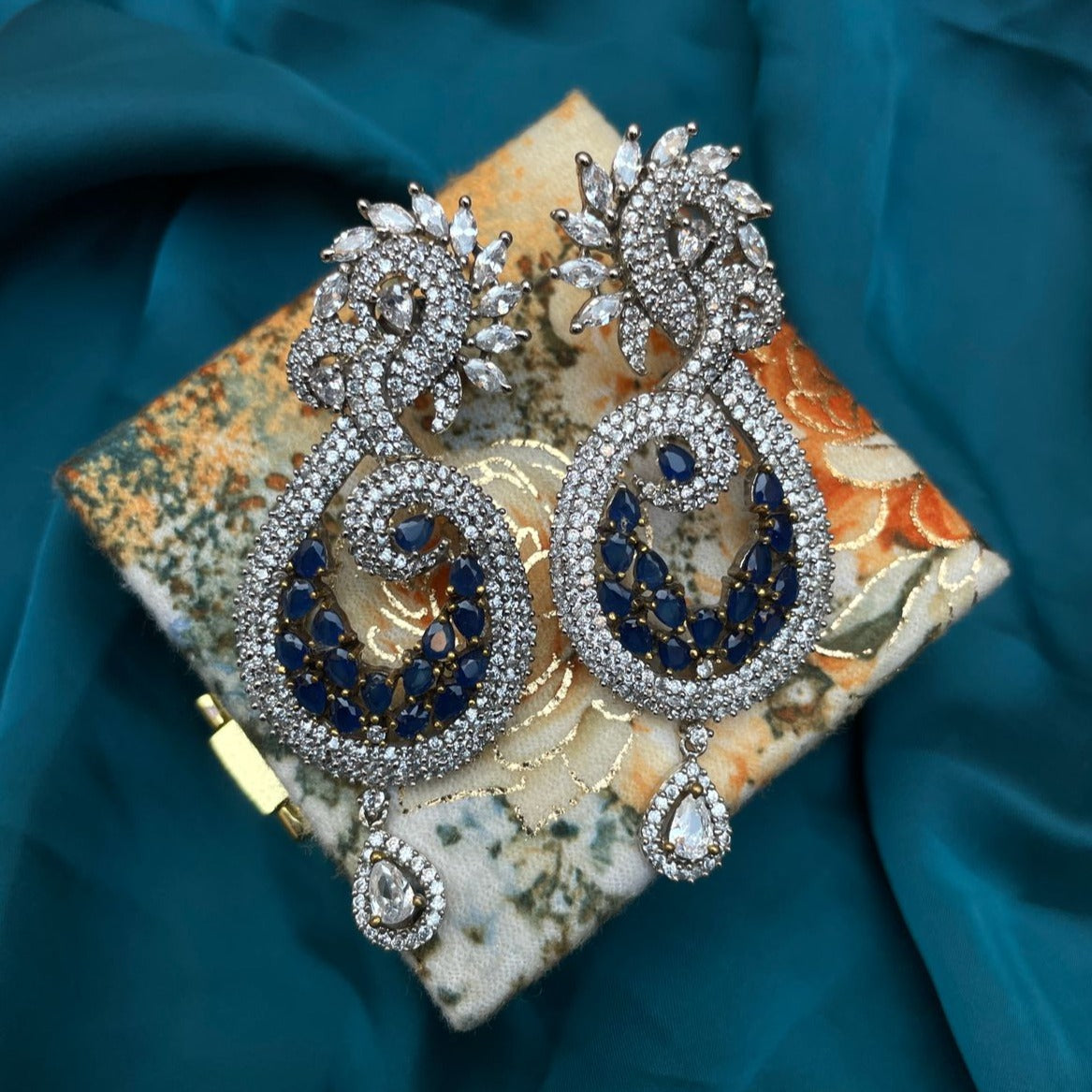 Round Blue & White American Diamond Earrings