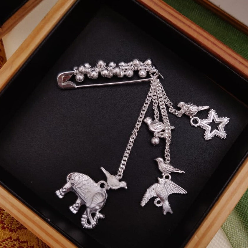 Elephant German Silver Plated Saree Pin - Abdesignsjewellery