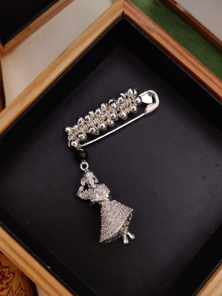Dancing Doll German Silver Plated Saree Pin - Abdesignsjewellery