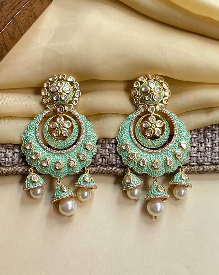 Green Kundan Antique Gold Plated Earrings - Abdesignsjewellery