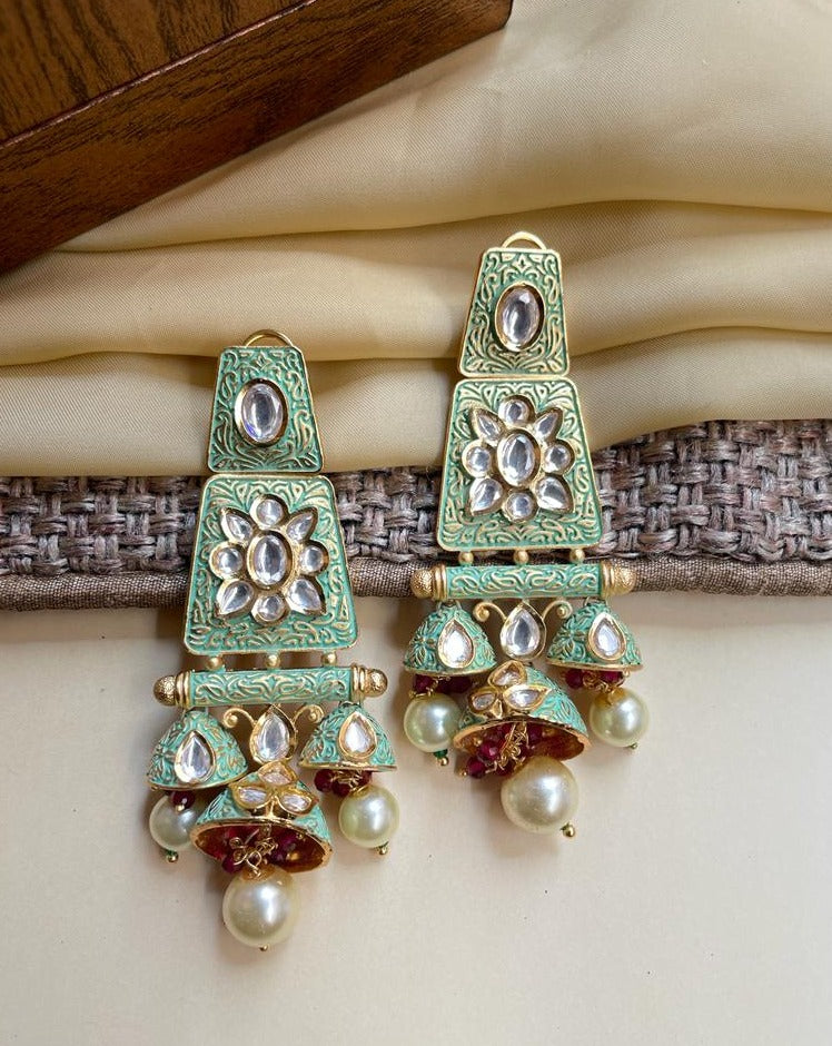 Green Meenakari Kundan Jumkha Earring - Abdesignsjewellery