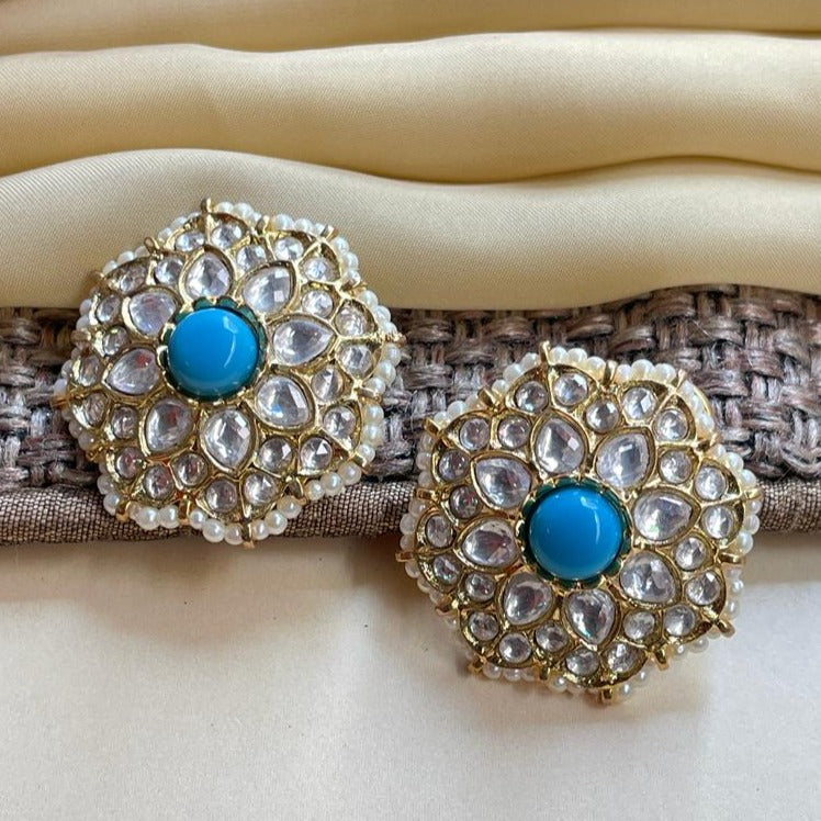 Round Sky Blue Stone Kundan Earring