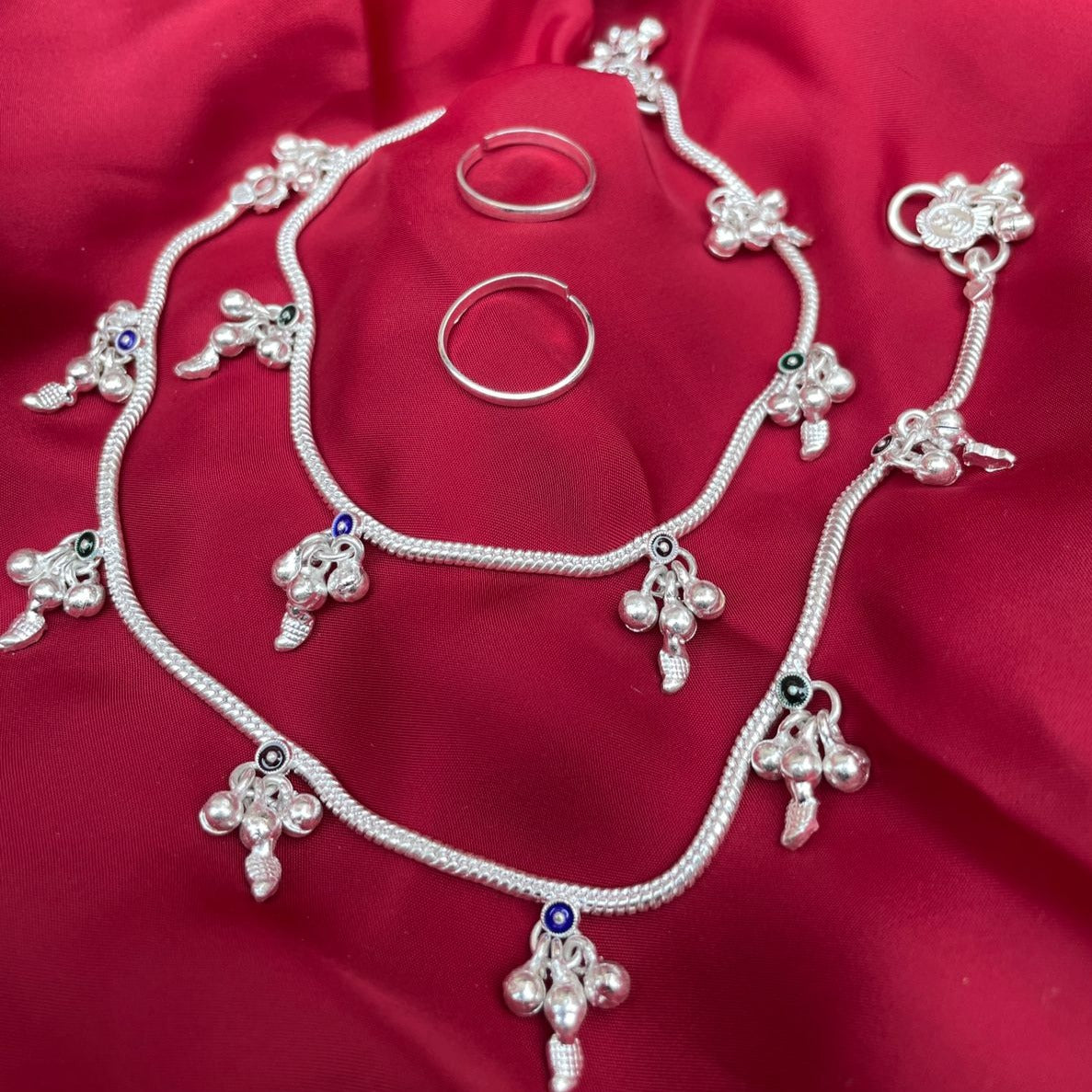 Beautiful Meenakari Silver Anklet Toerings Combo Jewellery
