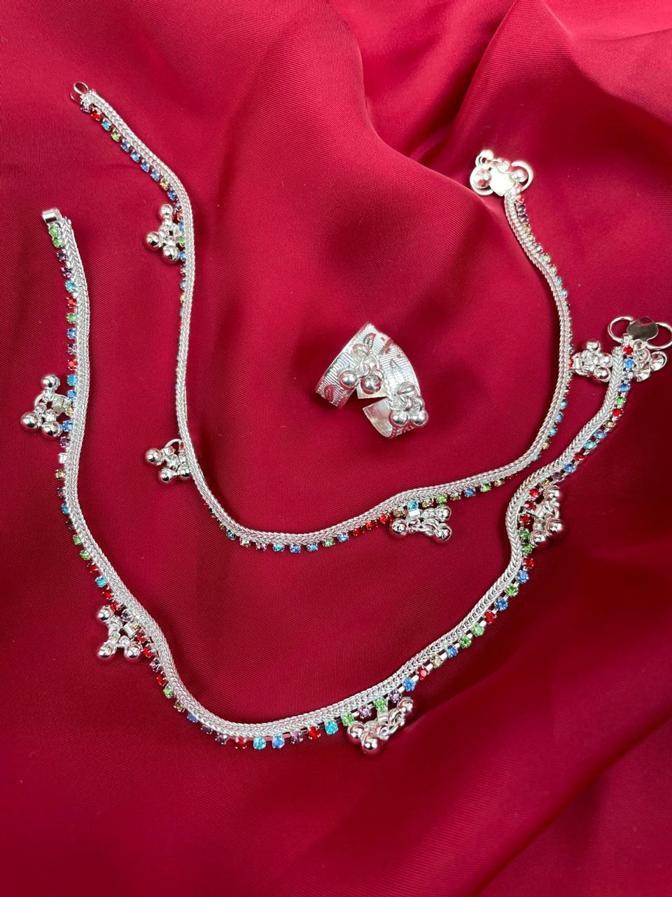 Multicolour Silver Anklet Toerings Combo Jewellery