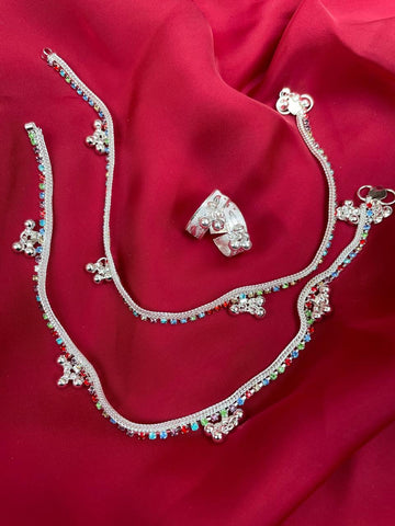 Multicolour Silver Anklet Toerings Combo Jewellery