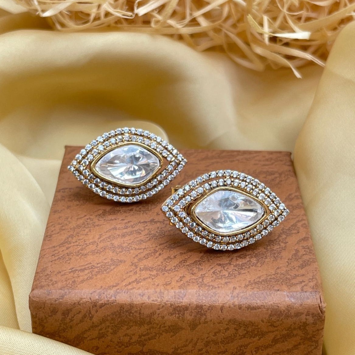 Marquise Matt Gold Glass Kundan Polki Studs