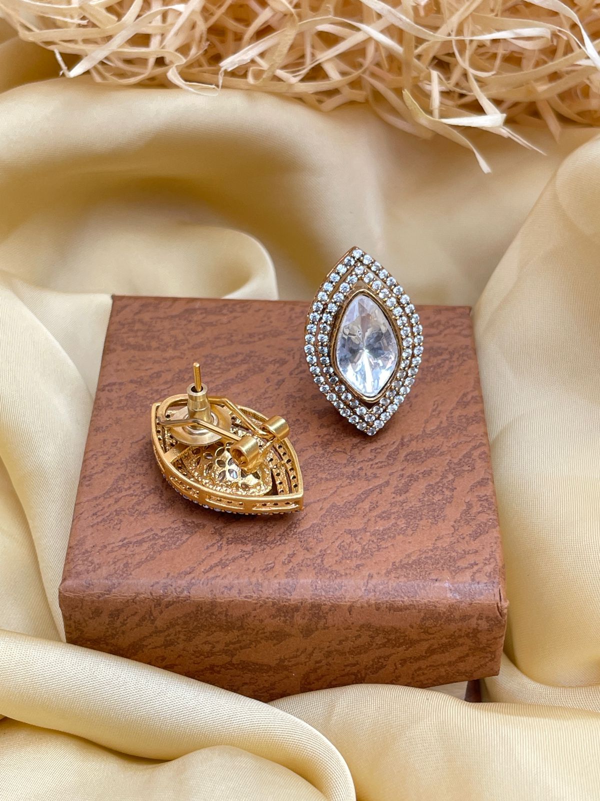 Marquise Matt Gold Glass Kundan Polki Studs