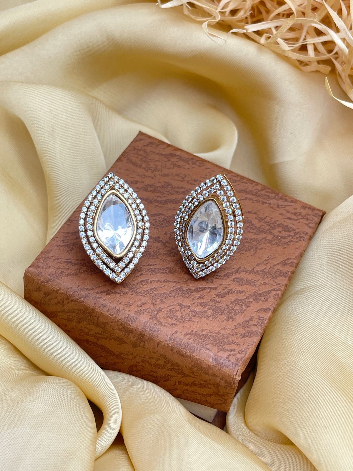 Marquise Matt Gold Glass Kundan Polki Studs