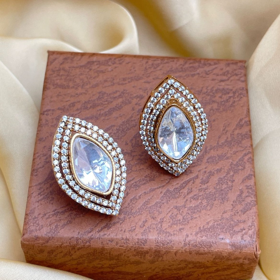 Marquise Matt Gold Glass Kundan Polki Studs