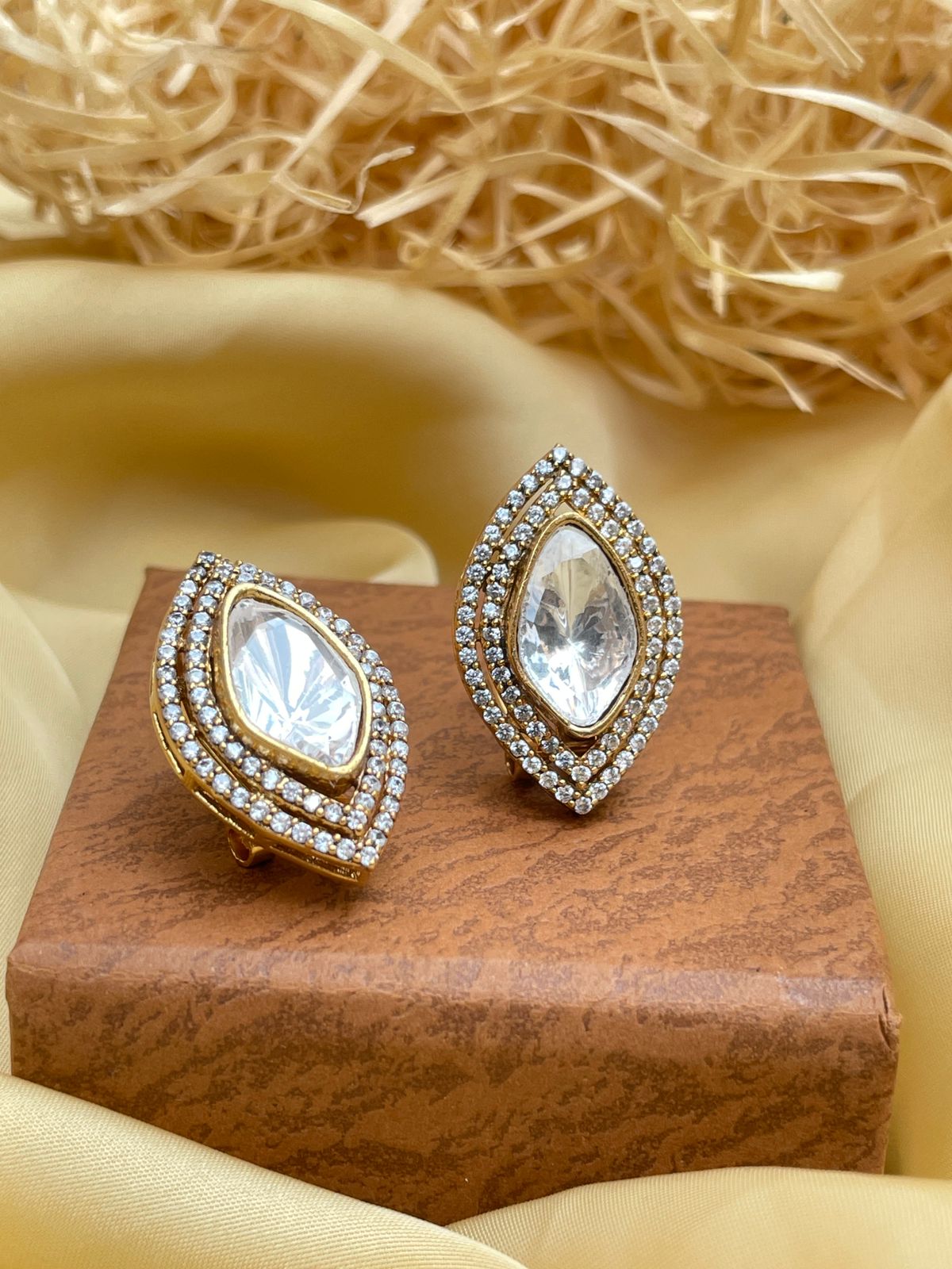 Marquise Matt Gold Glass Kundan Polki Studs