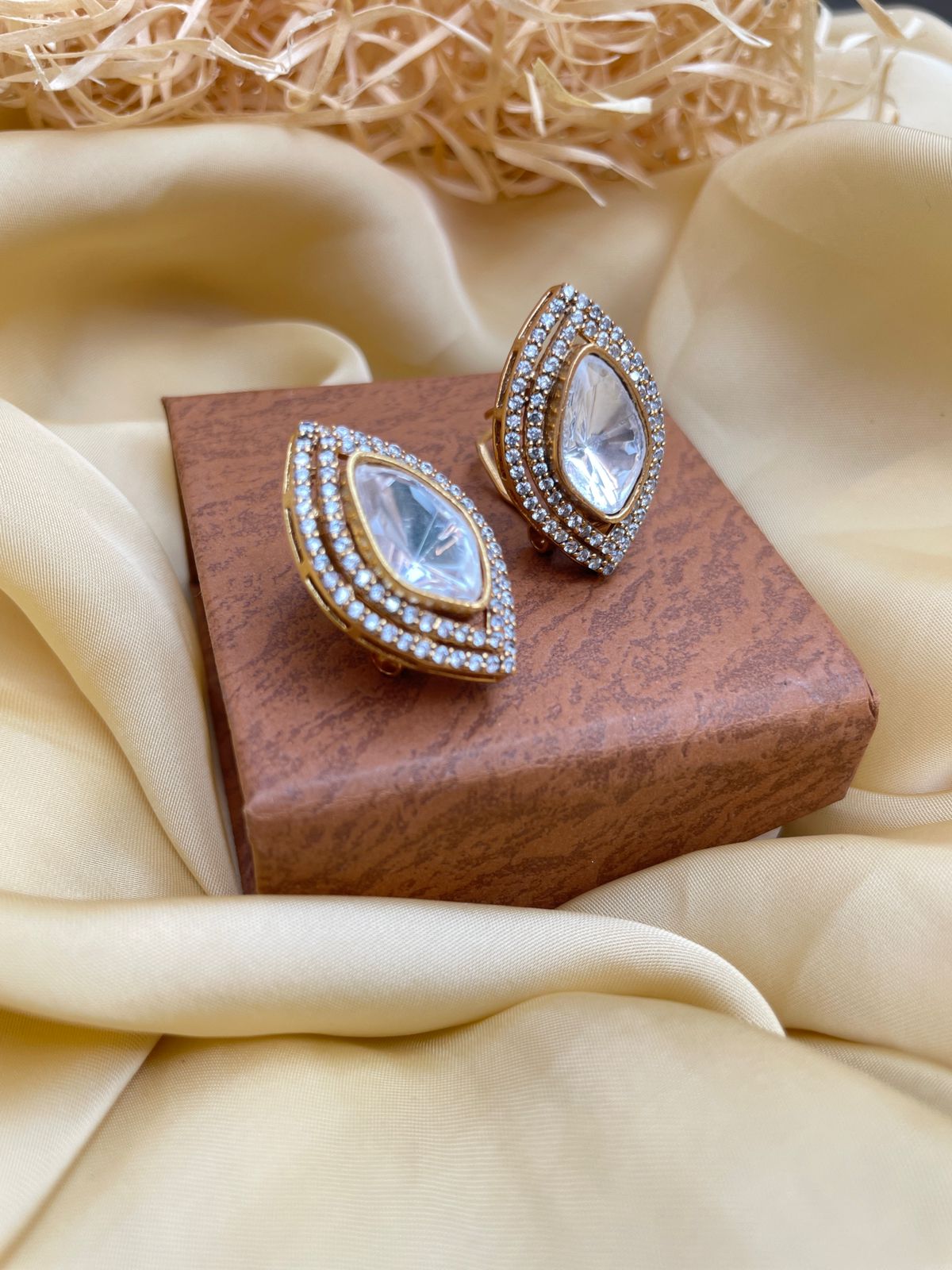 Marquise Matt Gold Glass Kundan Polki Studs