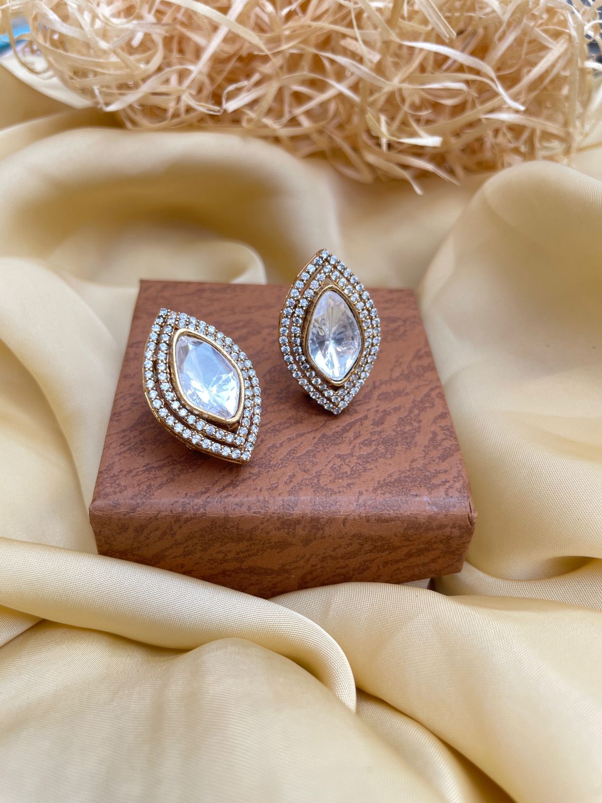 Marquise Matt Gold Glass Kundan Polki Studs