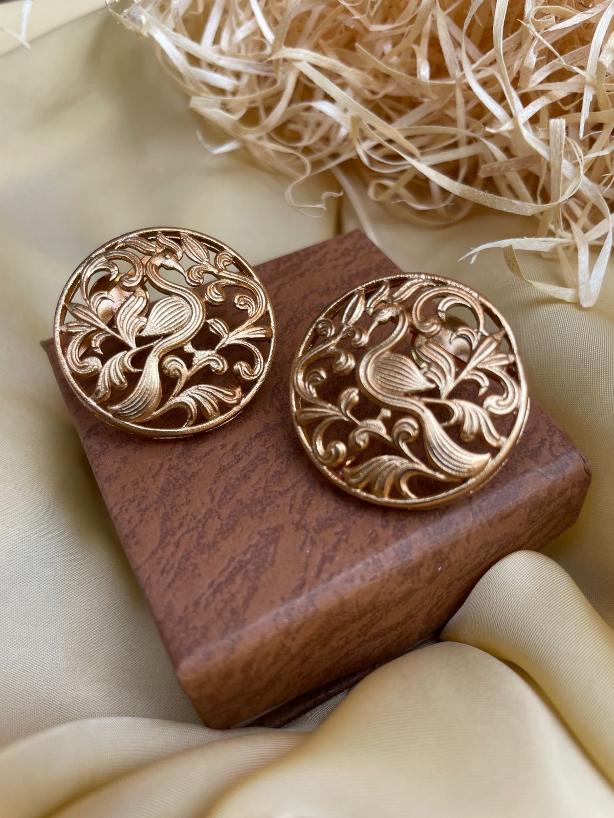 Round Matt Gold Peacock Earrings
