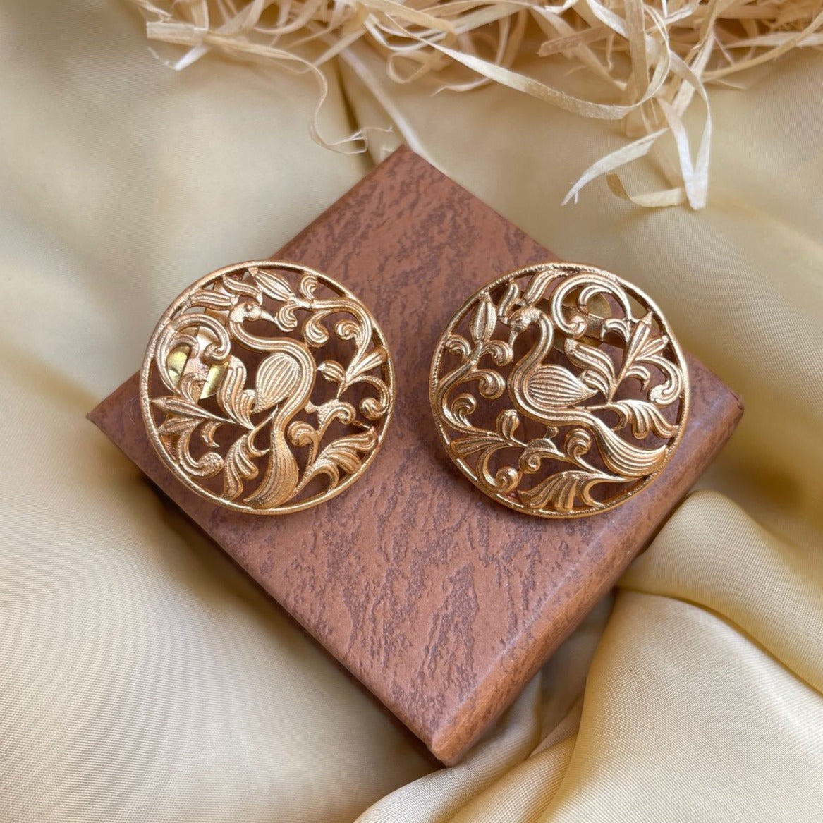 Round Matt Gold Peacock Earrings