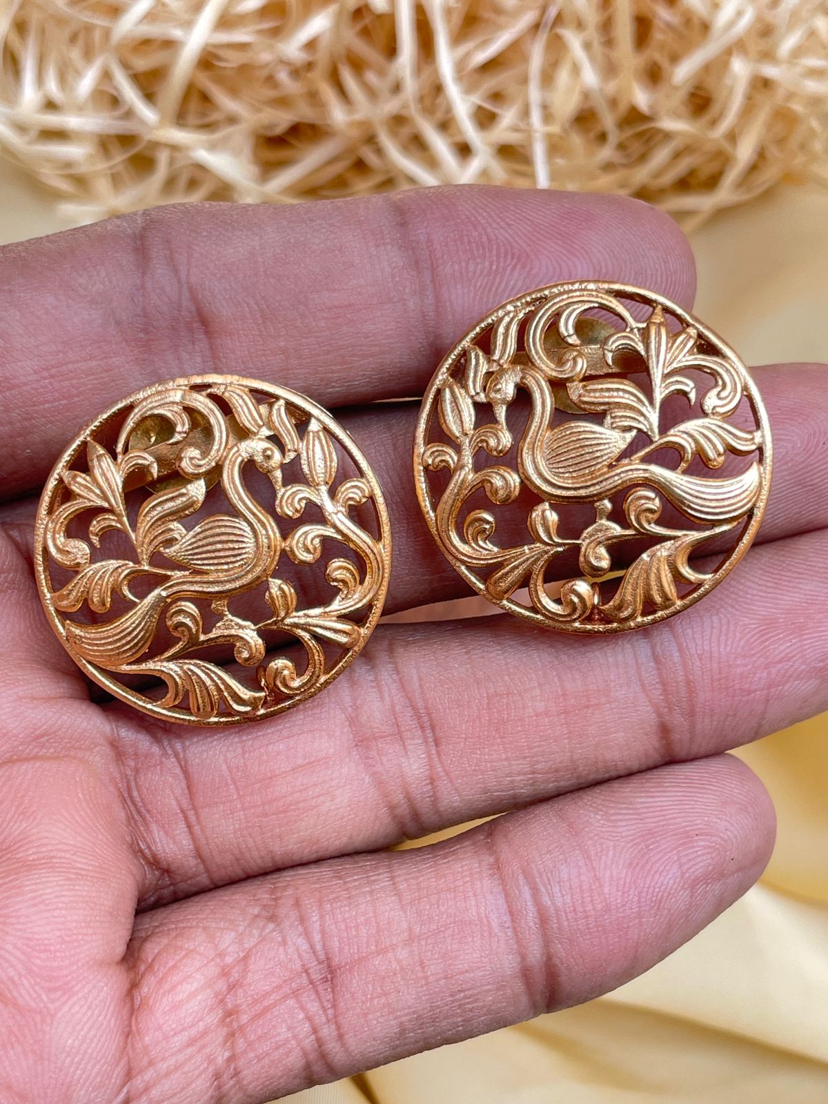 Round Matt Gold Peacock Earrings