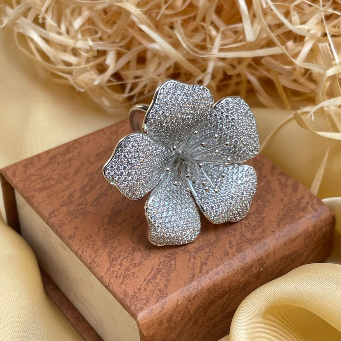 Silver American Diamond Flower Ring