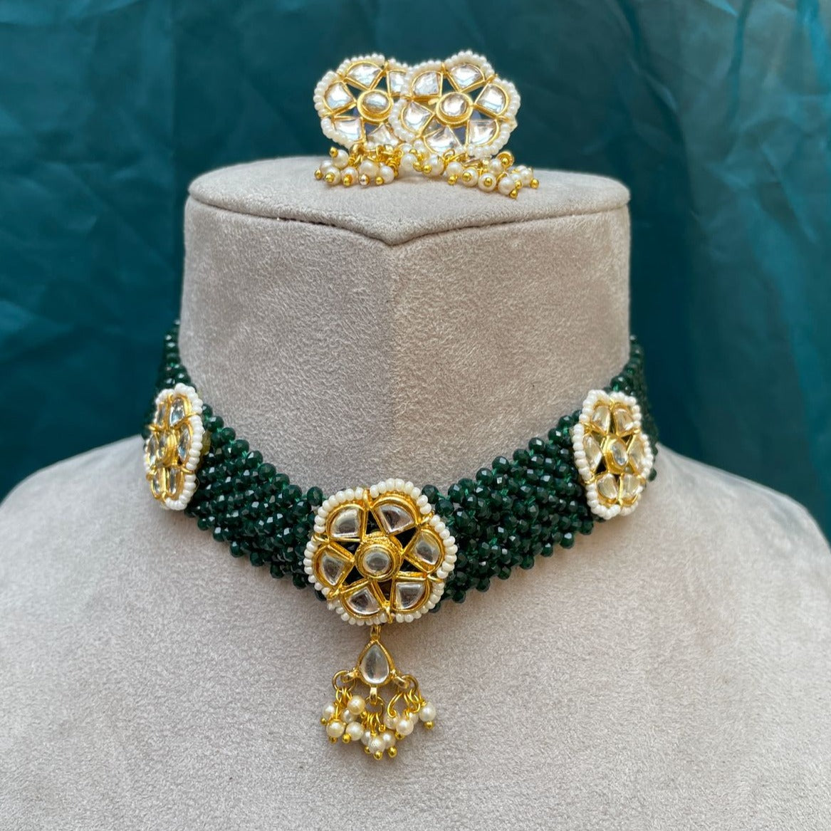 Beautiful Green Kundan Beaded Choker Necklace - Abdesignsjewellery