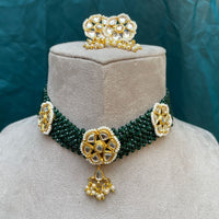 Thumbnail for Beautiful Green Kundan Beaded Choker Necklace - Abdesignsjewellery