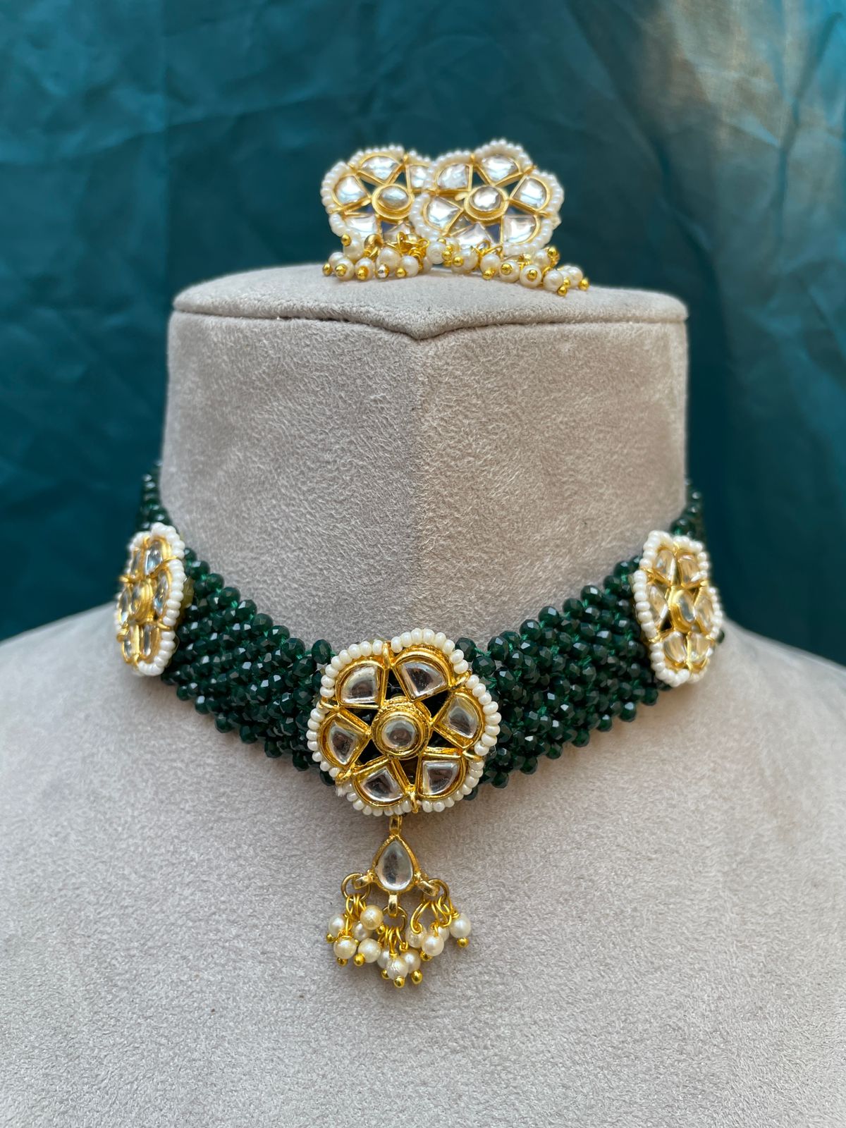 Beautiful Green Kundan Beaded Choker Necklace - Abdesignsjewellery