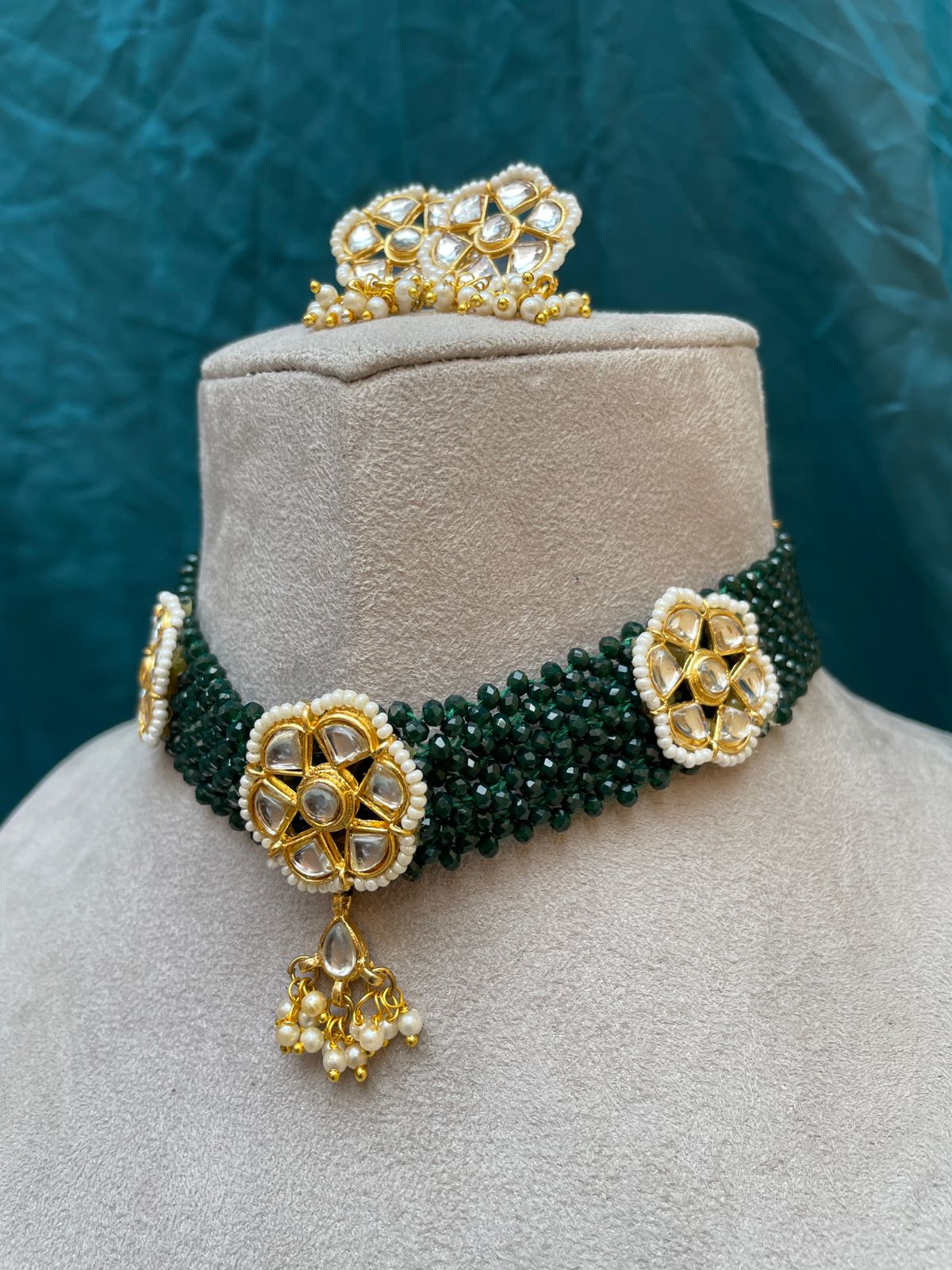 Beautiful Green Kundan Beaded Choker Necklace - Abdesignsjewellery