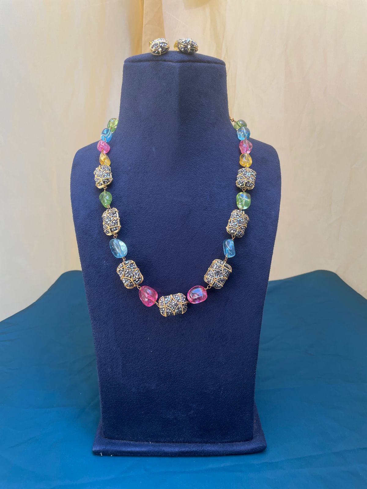 Jaipuri multicolour Onyx Beads Mala & Earrings
