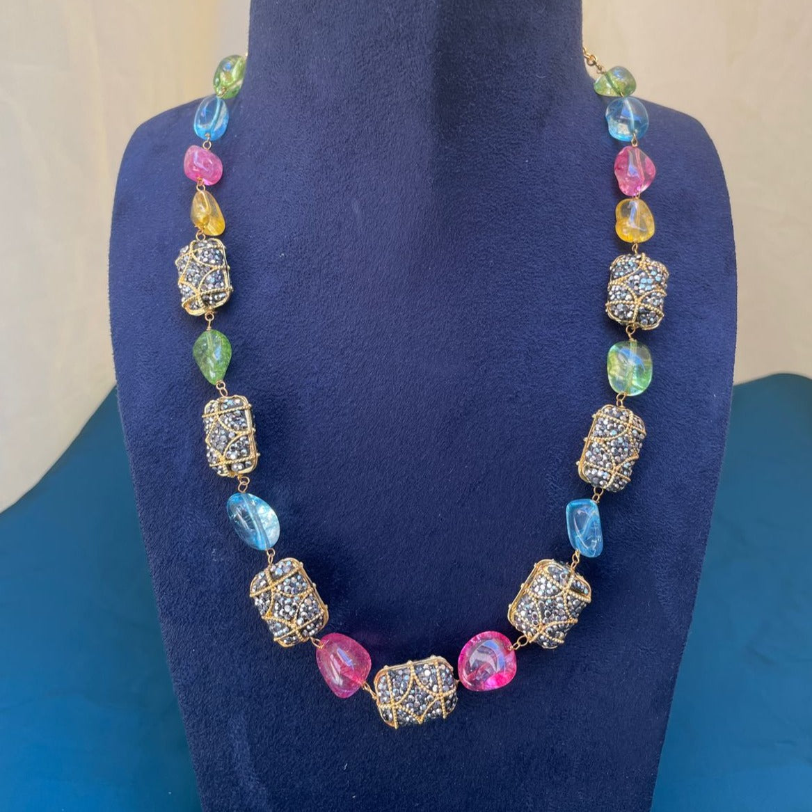 Jaipuri multicolour Onyx Beads Mala & Earrings