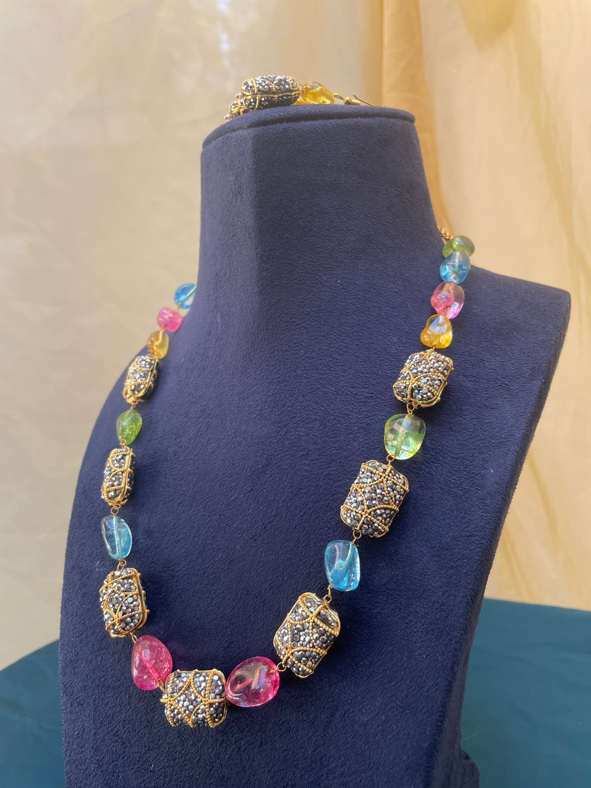 Jaipuri multicolour Onyx Beads Mala & Earrings