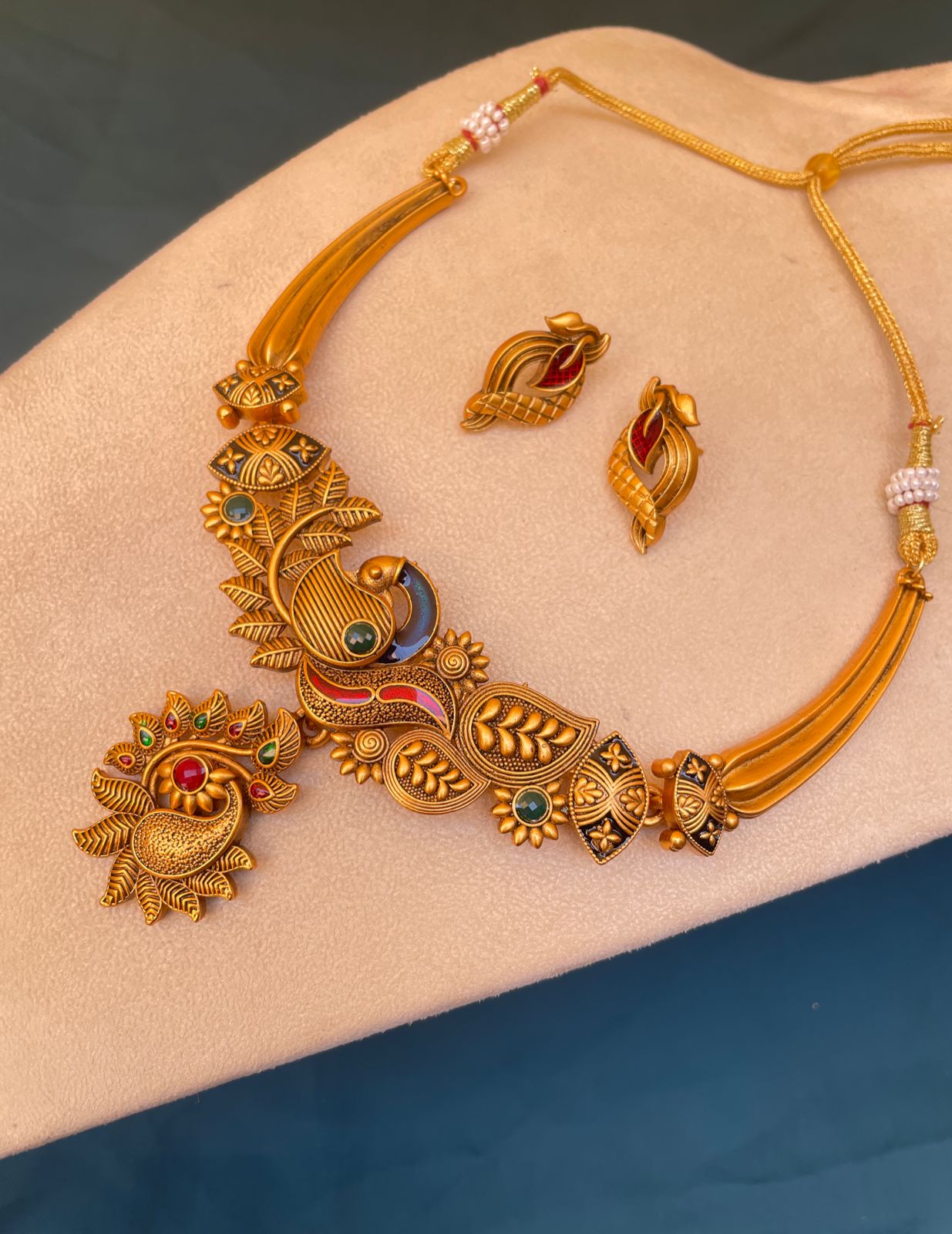 Handpainted Peacock Antique Matt Polish Necklace & Earrings - Abdesignsjewellery