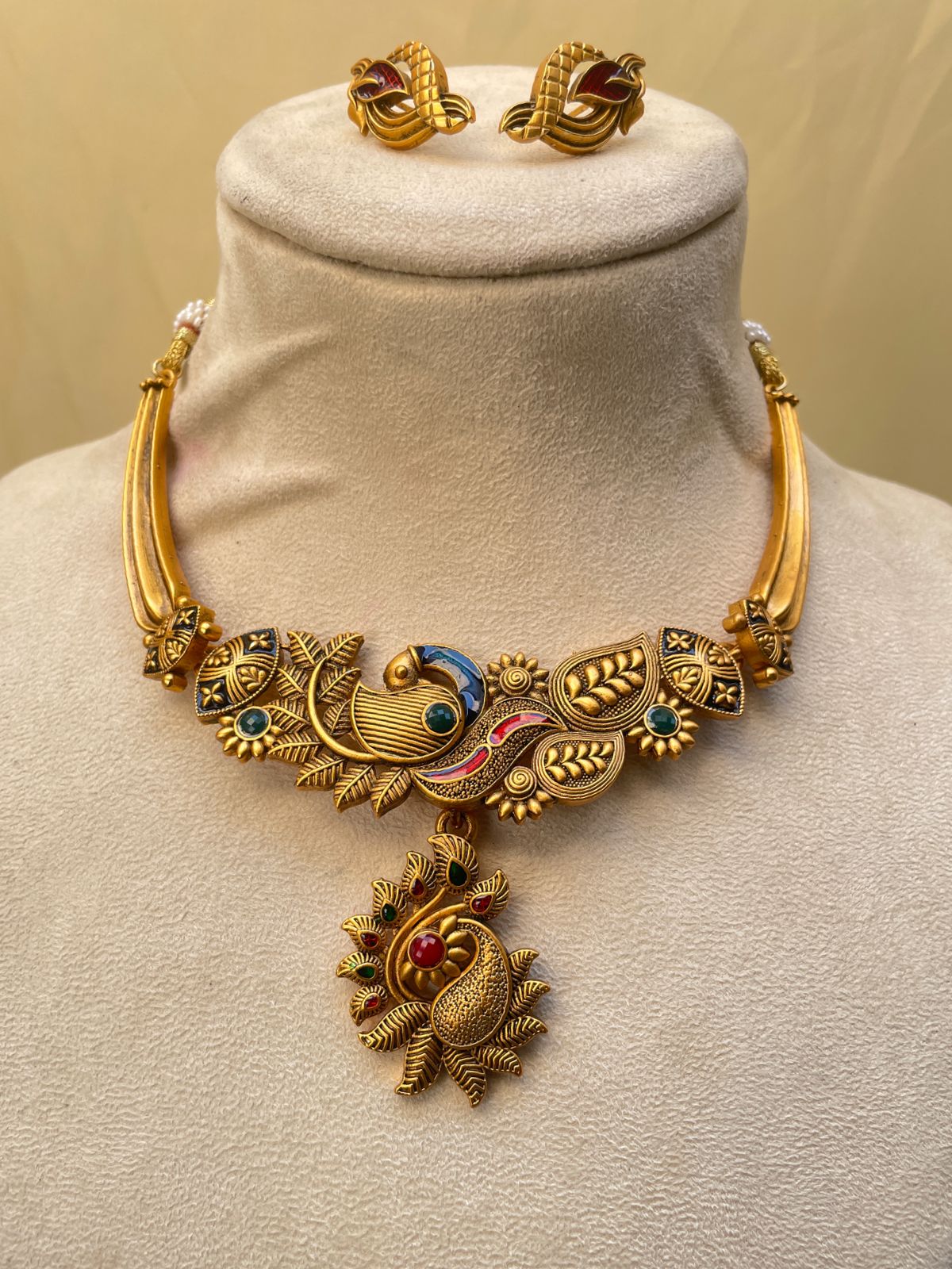 Handpainted Peacock Antique Matt Polish Necklace & Earrings