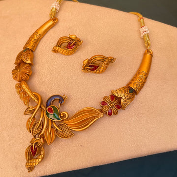 Meenakari Peacock Antique Matt Polish Necklace & Earrings
